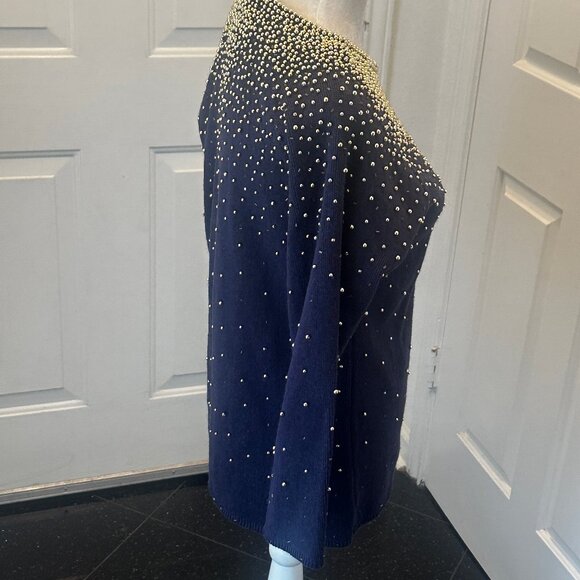 Vintage 80's Bonnie Boerer Embellished Navy Sweater with Gold Beads S - Picture 8 of 14